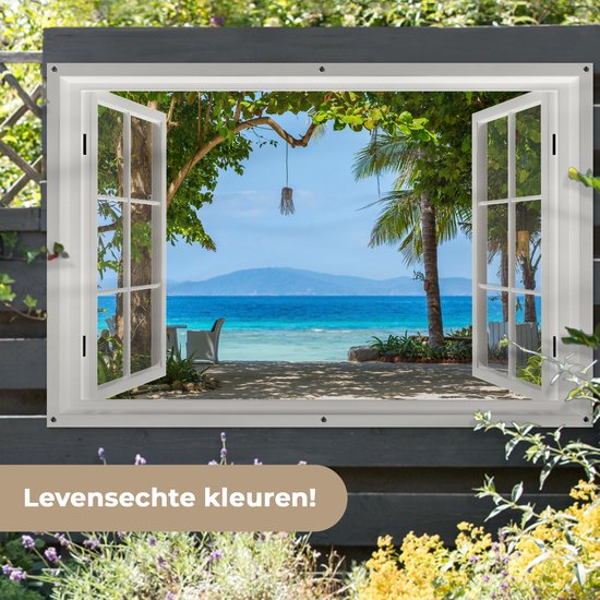 Poster Extérieur Jardin Wallario - Parasols Plage Palmiers Mer Du Sud - 120x180 Cm