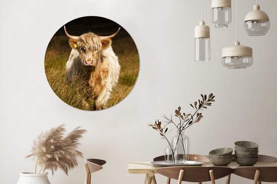 WallCircle - Muurstickers - Behangcirkel - Schotse Hooglander - Licht - Gras - Dieren - 100x100 cm - Muurcirkel - Zelfklevend - Ronde Behangsticker XXL