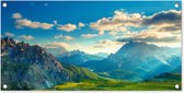 Tuinposter Alpen - Zon - Natuur - 80x40 cm - Wanddecoratie Buiten - Tuinposter - Tuindoek - Schuttingposter - Tuinschilderij