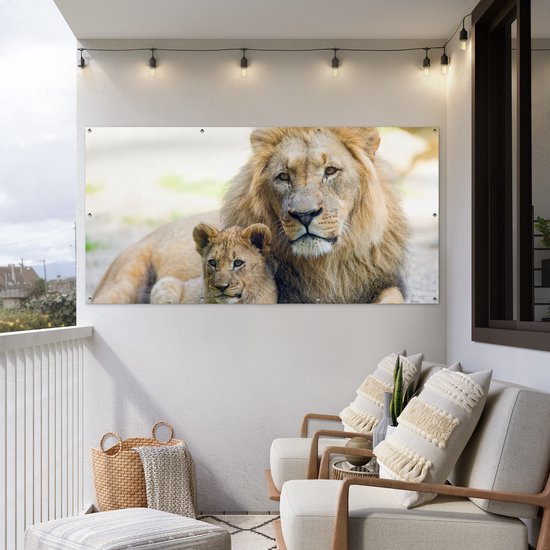 Affiche de clôture Lion - Cub - Portrait - 200x100 cm - Toile de jardin