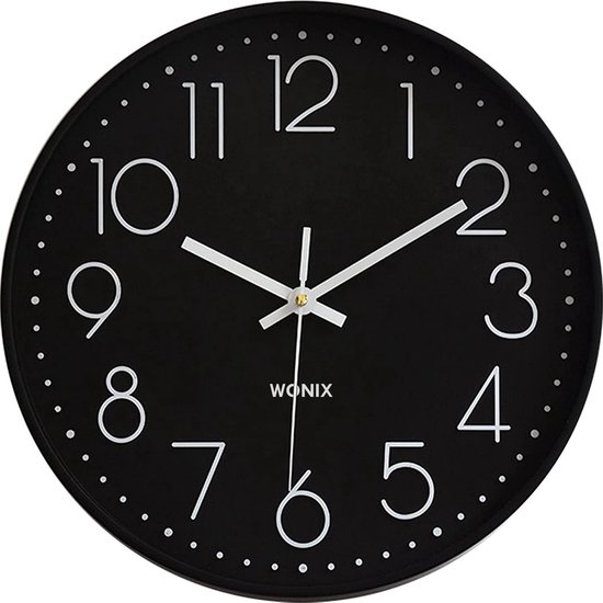 Wonix® - Wandklok - Stille Klok - modern - 30cm - Zwart en Wit