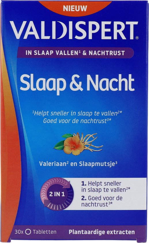 Blauwe doos van Valdispert Slaap & Nacht, met oranje golf aan de zijkant. Tekst: Nieuw, Valdispert, Slaap & Nacht.