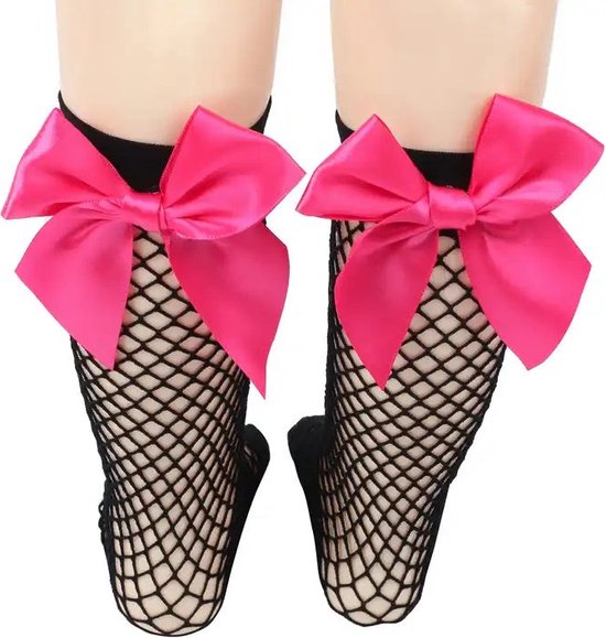 Fishnet Sokken met strikje - Black/Pink