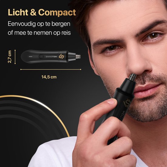Man gebruikt een zwarte neustrimmer van Wellshave. Afmetingen: 14,5 cm lang, 2,7 cm breed.