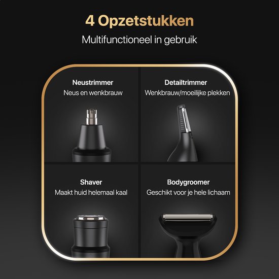 Vier zwarte opzetstukken voor de Wellshave trimmer: neustrimmer, detailtrimmer, scheeropzetstuk en bodygroomer.