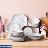 CasaVibe Luxe Serviesset – 48 delig – 12 persoons – Porselein - Bordenset – Dinner platen – Dessertborden - Kommen - Wit met Patroon