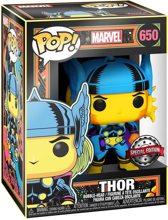 Funko Pop Thor #650 figuur in blauw, geel en paars, in Special Edition doos met artwork.