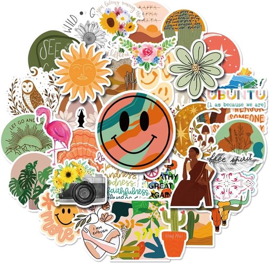 Retro Stickers 50 Stuks | Boho Stickers | Smiley | Zon | Bloem ...