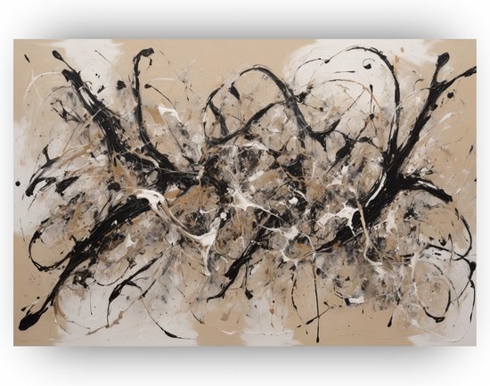 Abstract beige zwart schilderij - Jackson Pollock glas schilderijen - Glasschilderij modern - Muurdecoratie klassiek - Plexiglas schilderij - Slaapkamer muurdecoratie - 150 x 100 cm 5mm