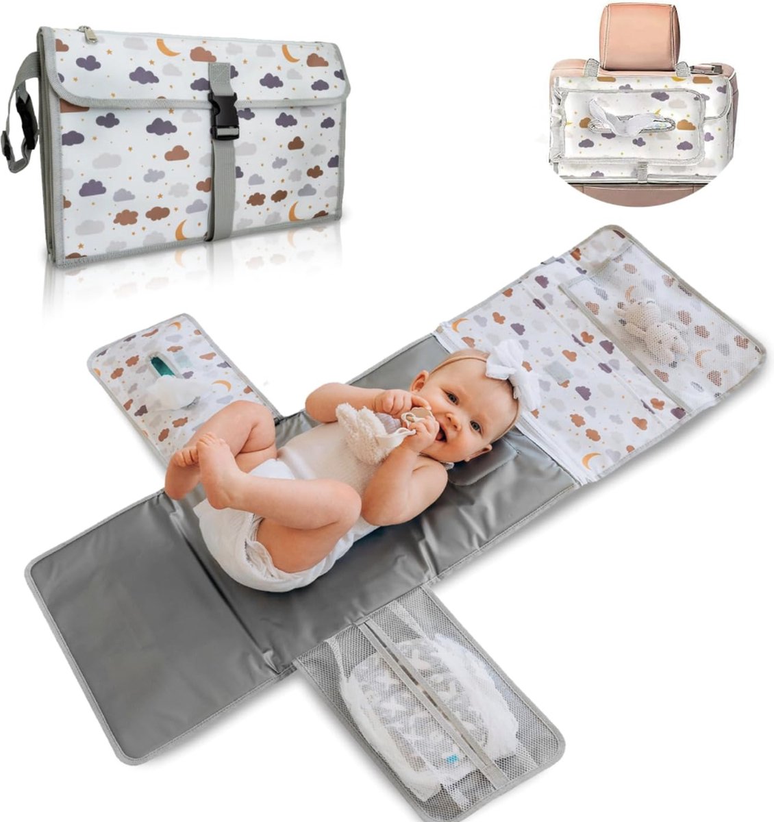 Image of aankleedkussen XL - opvouwbare waterdichte aankleedmat ideaal als cadeau voor pasgeborenen - De aankleedmat is een afneembare tas met 6 vakken als toilettas voor babyartikelen