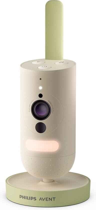 Philips Avent babyfoon met camera, nachtlampje aan, op lichtgroene basis.