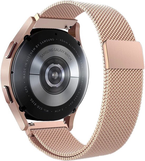 Roségouden Milanese horlogebandje met een Samsung Galaxy Watch.
