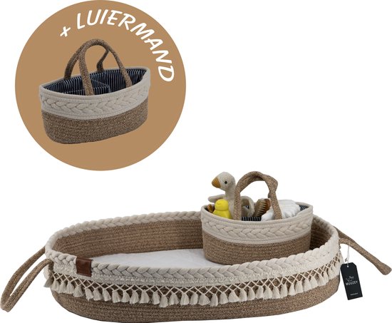 Muuzey MozaMand - Mozesmand - Verschoonmand XL - Incl. Extra comfortabel Matras en Matrashoes - Aankleedkussen - Luxe Verschoonmand - Verschoonkussen - Changing Basket - Handgemaakt - Ibiza stijl