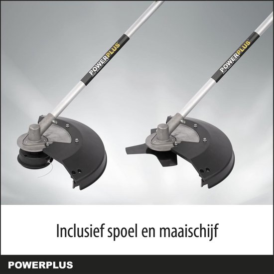 Twee Powerplus bosmaaiers, één met draadspoel, één met maaischijf.