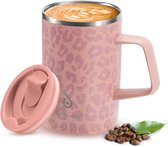 Koffiemok 470 ml (16 oz), dubbelwandige vacuüm geïsoleerde roestvrijstalen koffie- en theekop met antislip handvat en schuifmoduledeksel en groot volume (Leapord Pink)