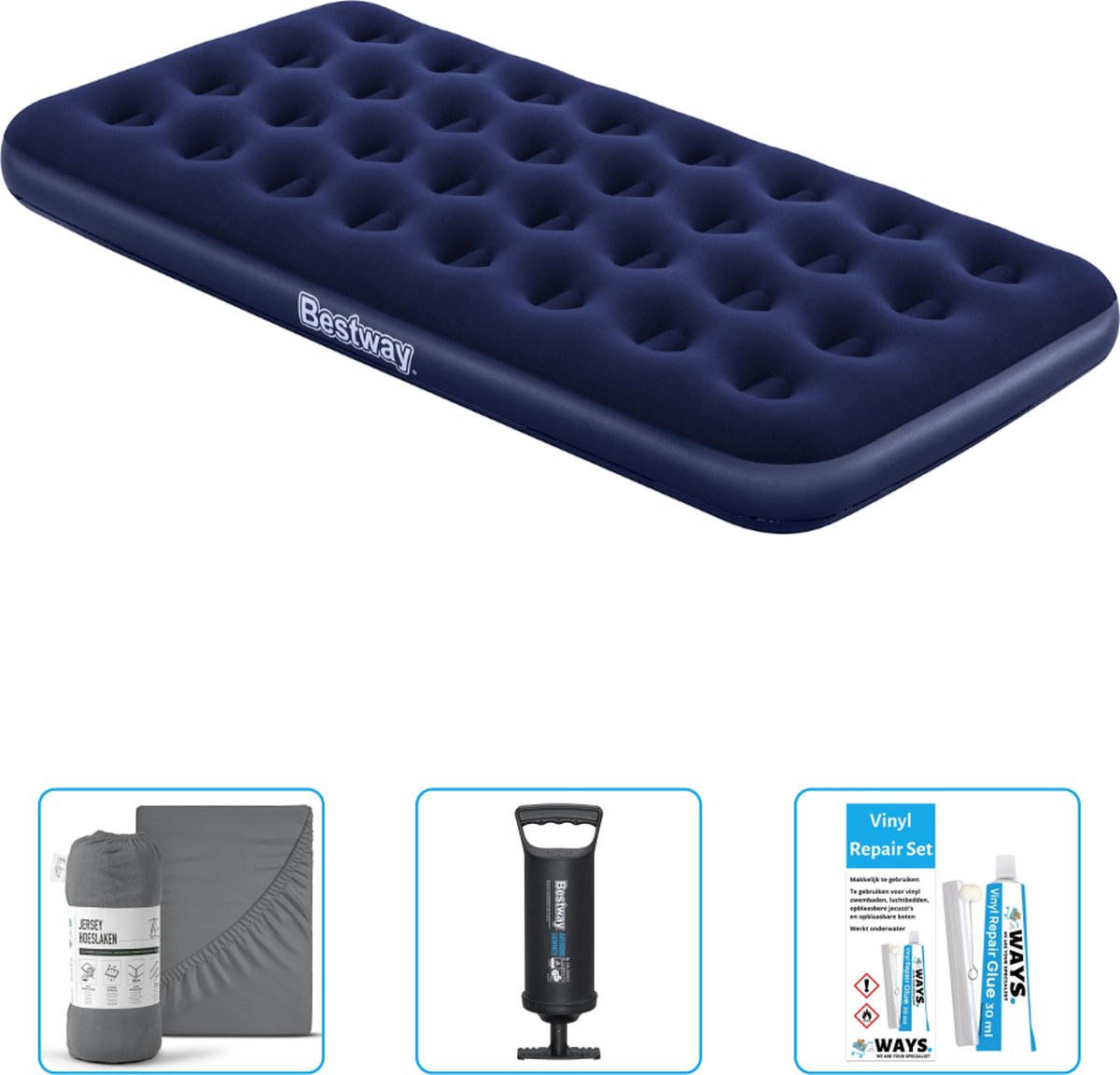 Bestway luchtbed - 1-Persoons - 99 x 188 x 22 cm - Blauw - Inclusief Hoeslaken - Pomp en Reparatieset