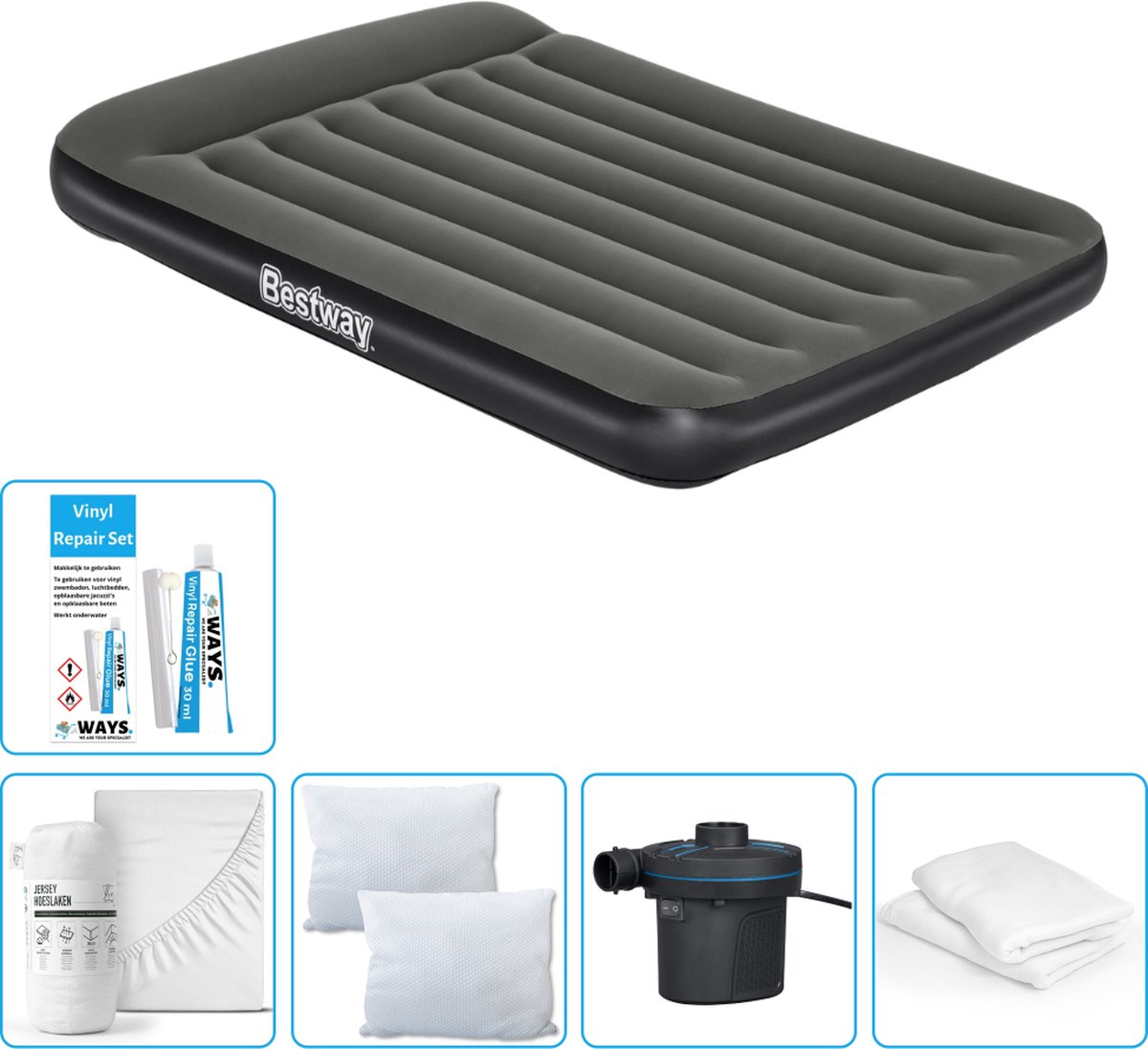 Bestway luchtbed - Twijfelaar - 137 x 191 x 30 cm - Groen - Inclusief Hoeslaken - Kussen - Kussenbeschermer - Pomp en Reparatieset