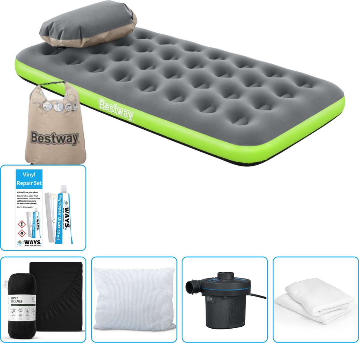 Bestway luchtbed - 1-Persoons - 99 x 188 x 22 cm - Grijs/Groen - Inclusief Hoeslaken - Kussen - Kussenbeschermer - Pomp en Reparatieset