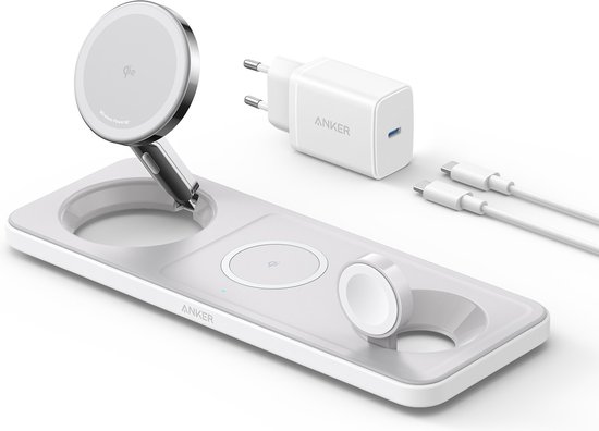 Anker MagGo 3-in-1 Draadloos Oplaadstation - Qi2-gecertificeerd - 15W Draadloze Oplader voor iPhone 12/13/14/15 Series, AirPods Pro, Apple Watch Ultra - Inklapbaar en Draagbaar - Wit
