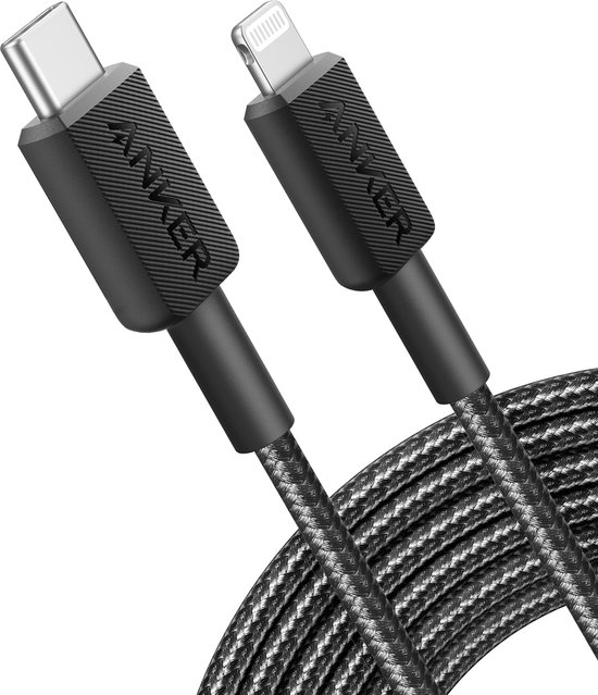 Câble de chargement Anker USB-C vers Lightning noir avec texture tressée et logo Anker.