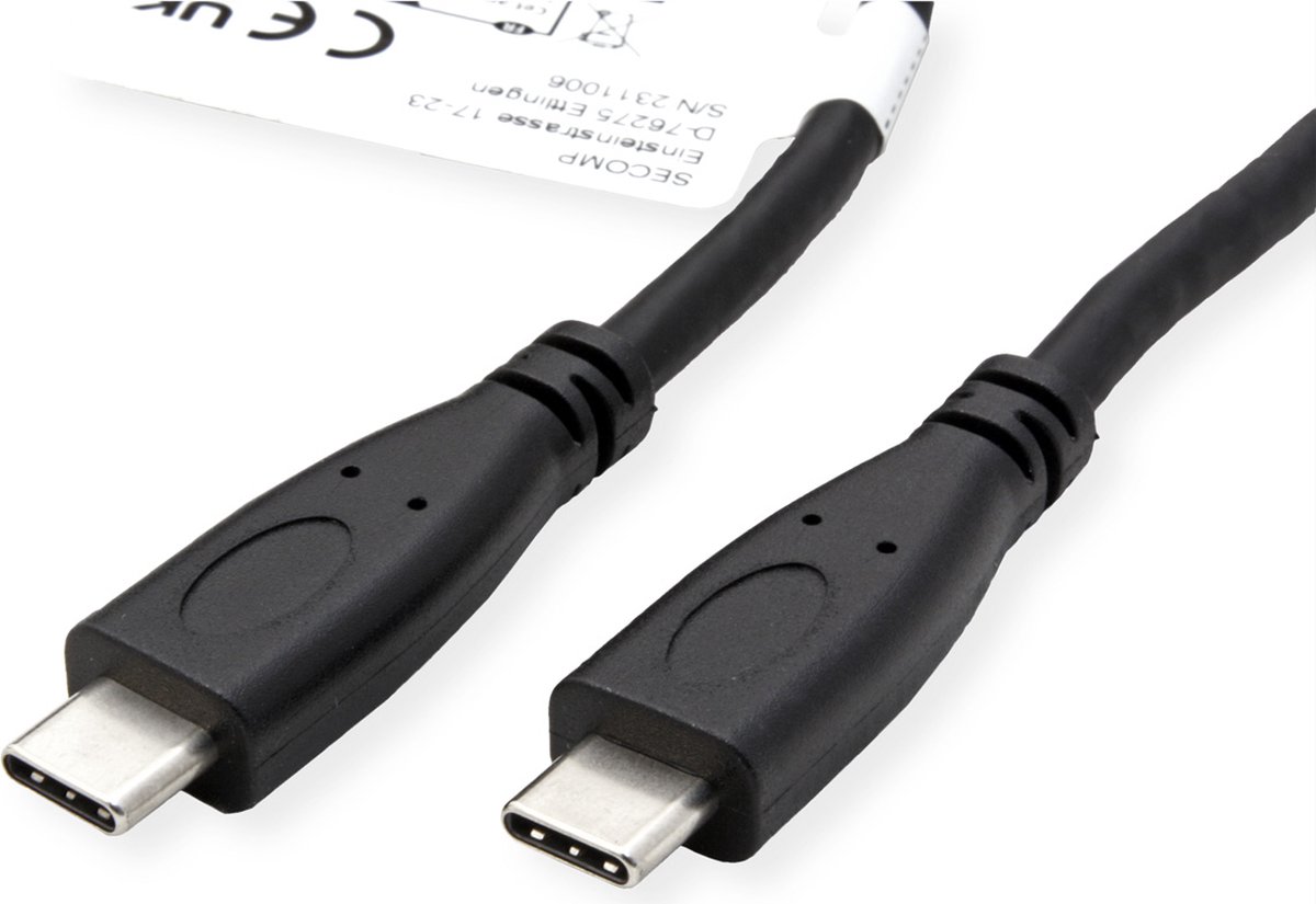 ROLINE USB 3.2 Gen 2 kabel, met PD, C-C, M/M, 4K UHD-1, 10Gbit/s, Emark, 100W, zwart, 0,5 m