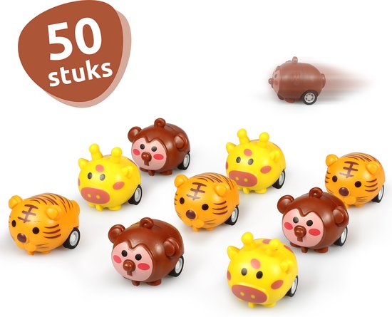 50 stuks speelgoedautootjes in de vorm van dieren: tijgers, giraffen en beren.