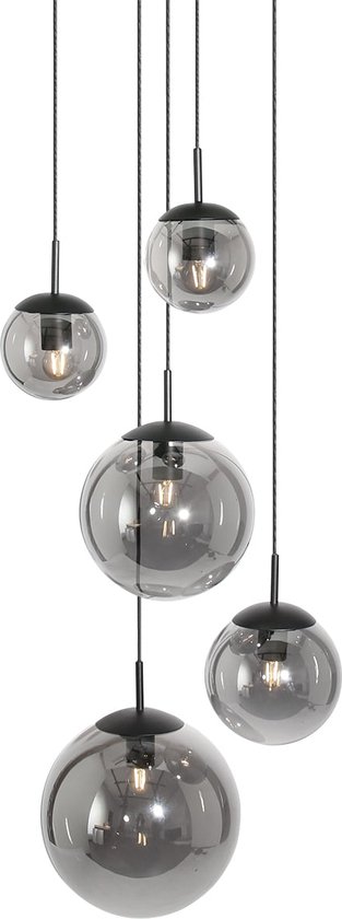 Hanglamp Bollique | 5 lichts | zwart / smoke | glas / metaal | 130 cm lang | Ø 40,5 cm | eetkamer / woonkamer lamp | modern / sfeervol design