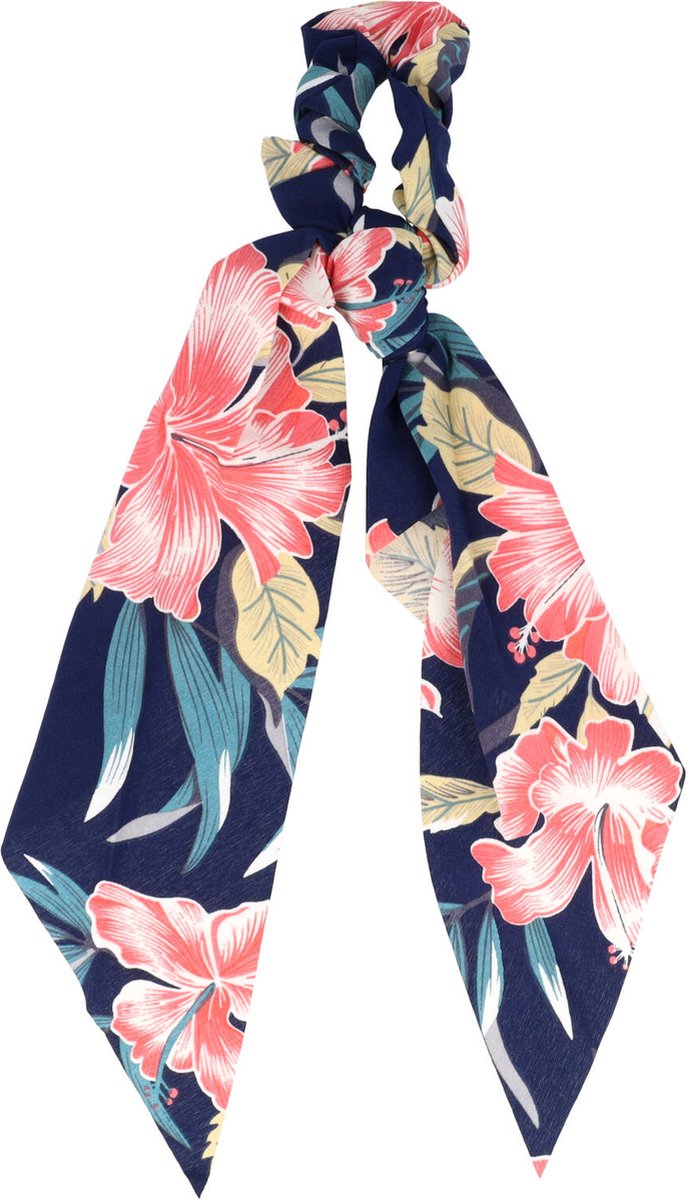 Haarsoires Scrunchie Haarelastiek Linten Tropische Bloemen Print Blauw Haar Elastiek Krinkel Accessoire