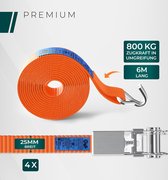 Ratelriem met haken, set van 4, 25 mm x 6 m lang, breukvastheid 800 kg, ratelriem, kleur oranje