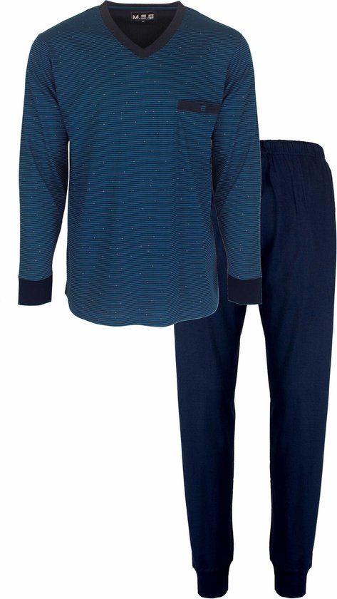 MEQ - Heren Pyjama - Gestreept Dessin - V Hals - Blauw. - Maat XXL