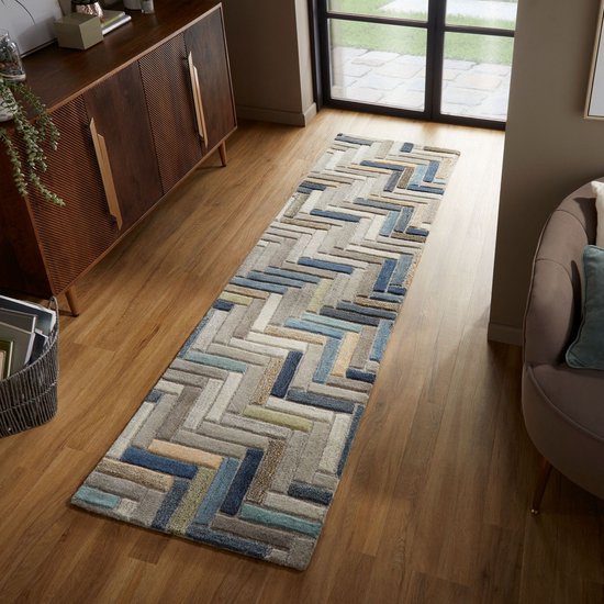 Flycarpets Loper Russo Modern Laagpolig - 100% Wol - Geo Vloerkleed - Naturel / Multi - 60x230 cm