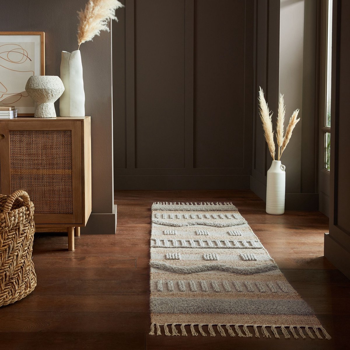 flycarpets Loper Medina Modern Jute - Laagpolig Vloerkleed - Naturel / Grijs - 60x230 cm Roze