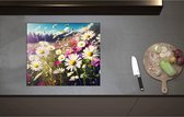 Inductieplaat Beschermer - Bloemenveld Vol Paarse en Witte Madeliefjes - 60x52 cm - 2 mm Dik - Inductie Beschermer - Bescherming Inductiekookplaat - Kookplaat Beschermer van Wit Vinyl