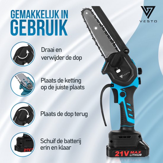 Blauwe en zwarte Vesto mini kettingzaag met de tekst "GEMAKKELIJK IN GEBRUIK" en instructies.