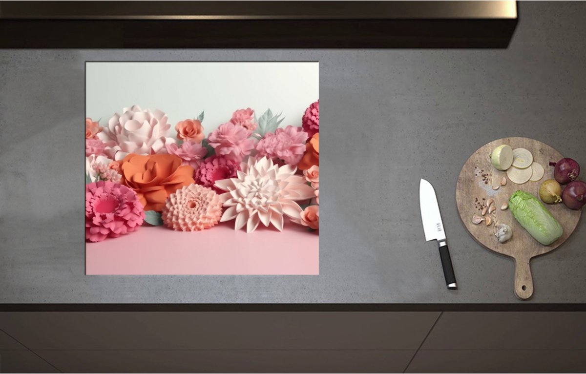 Inductieplaat Beschermer - Boeket van Papieren Bloemen - 60x55 cm - 2 mm Dik - Inductie Beschermer - Bescherming Inductiekookplaat - Kookplaat Beschermer van Wit Vinyl