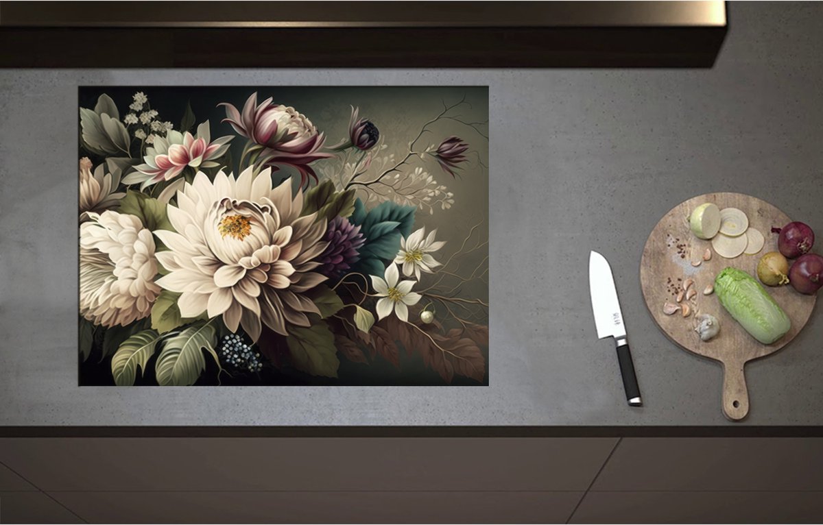 Inductieplaat Beschermer - Boeket Bloemen in Verschillende Kleuren - 75x55 cm - 2 mm Dik - Inductie Beschermer - Bescherming Inductiekookplaat - Kookplaat Beschermer van Wit Vinyl