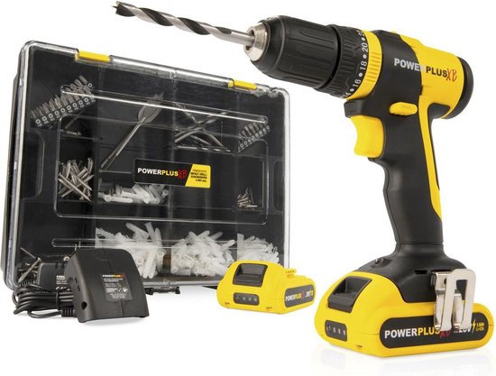 Powerplus Accu klopboormachine POWXB10070 - 3 in 1: boren hamerboren en schroeven, 20 V boormachine, 30 Nm, Links en rechts schroeven, Incl. 2 accu's 1.5 Ah en 1 lader, 362 accessoires