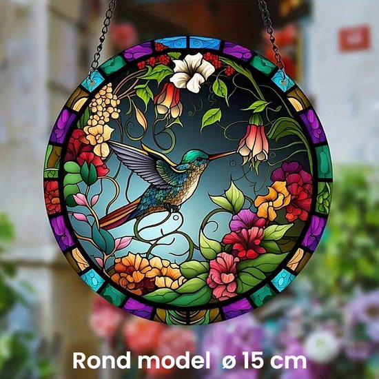 Foto: Allernieuwste nl raamhanger raamdecoratie kolibrie bloemen kleurige zonnevanger rond acryl met ketting vogels glas in lood suncatcher rond model 15 cm 