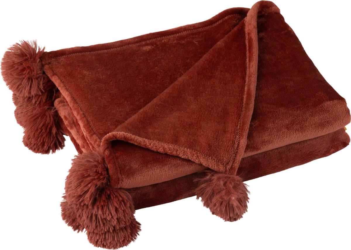 J-Line plaid Pompom - polyester - marsala rood - 170 x 130 cm