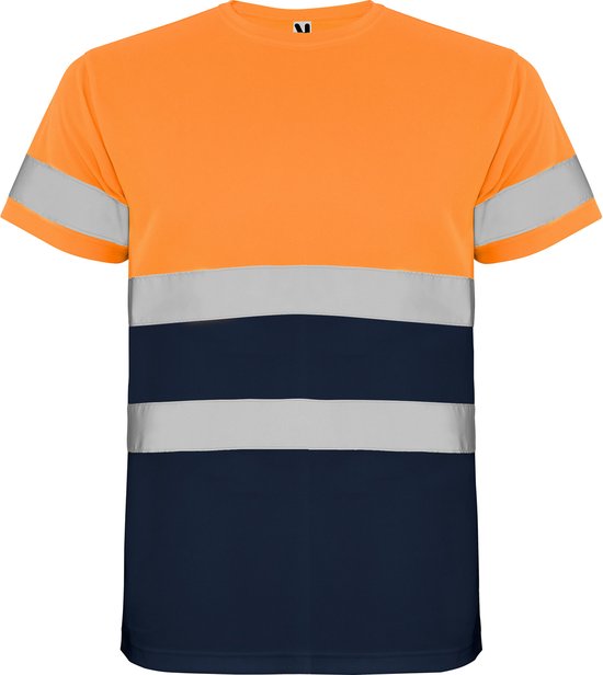 Oranje T-shirt met korte mouwen en donkerblauwe onderkant. Twee reflecterende banden op de mouwen en twee op het torso.