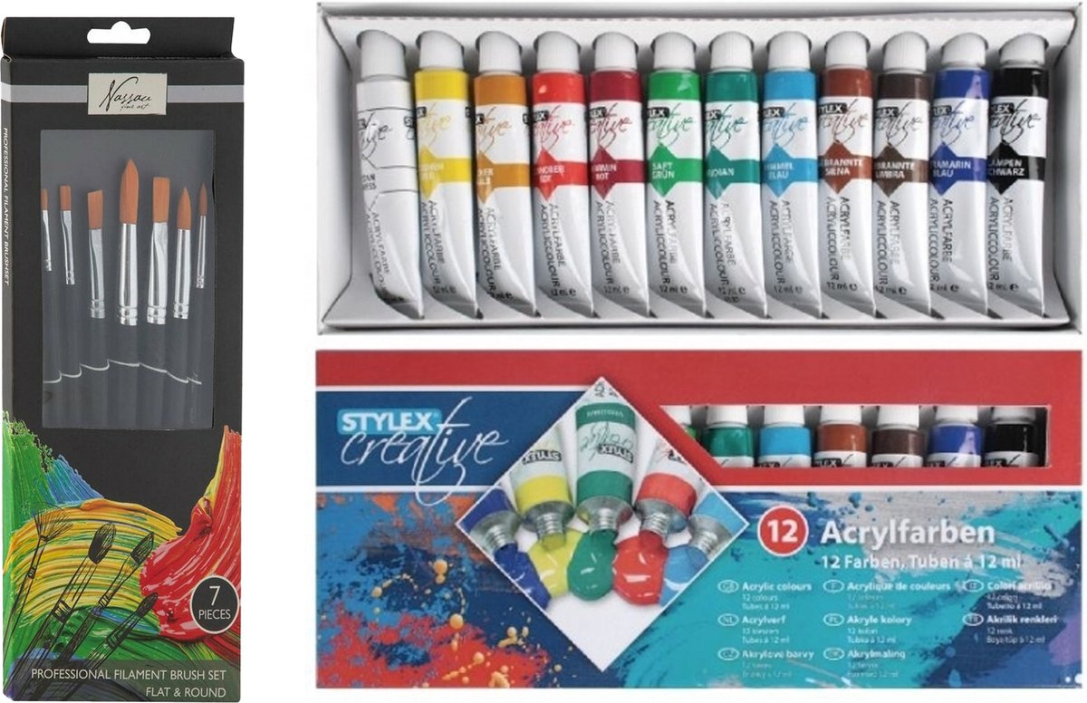 Toppoint Acrylverf schilderset - 12x gekleurde tubes van 12 ml - met 7x schilderpenselen