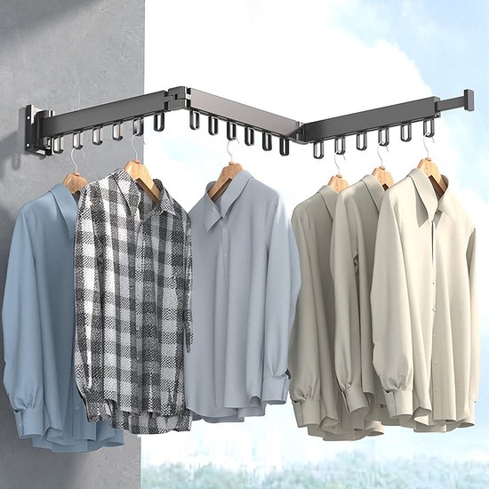 Opvouwbaar uittrekbaar wandwasrek - multifunctioneel kledingrek van aluminium met 180 graden draaibare kleerhangers Opvouwbare kledingrek