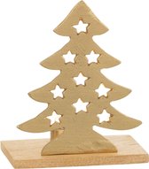 J-Line kaarshouder - theelichthouder Kerstboom - aluminium/hout - goud - small - 2 stuks
