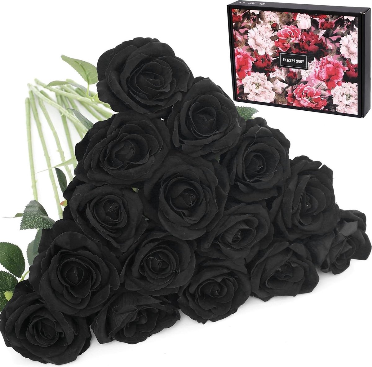 Kunstmatige rozen - Echte touch - Enkele steel - Zijde - Realistische bloemen - Bruidsboeket - Zwarte rozen - 15 stuks droge bloemen