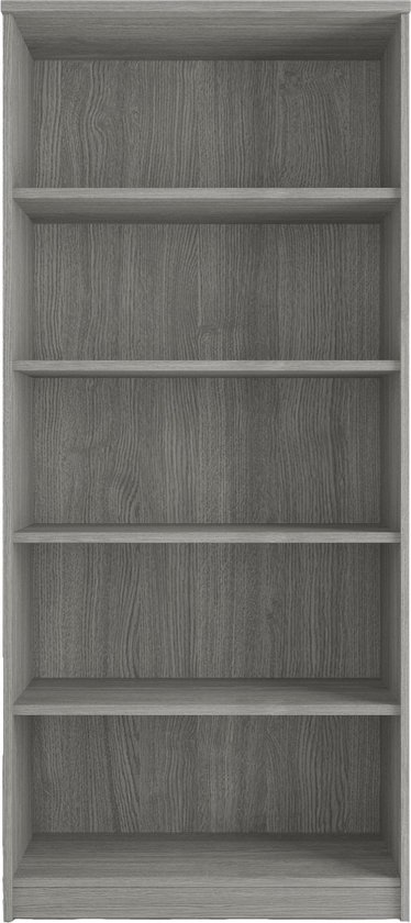 Boekenkast met zes grijze eikenhouten legplanken.