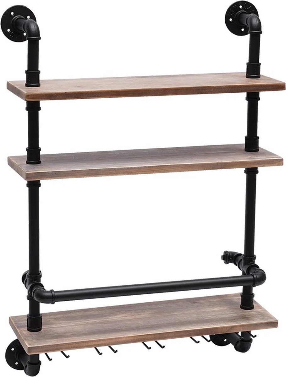 SureDeal® - Wandplank - Wijnrek - Wijnglazen Houder - 3 Planken - Industrieel - Hout - 100x60x20 cm - Woonkamer - Keuken - Slaapkamer - Wandrek - Muur — cadeau in Wonen & Interieur - foto 2