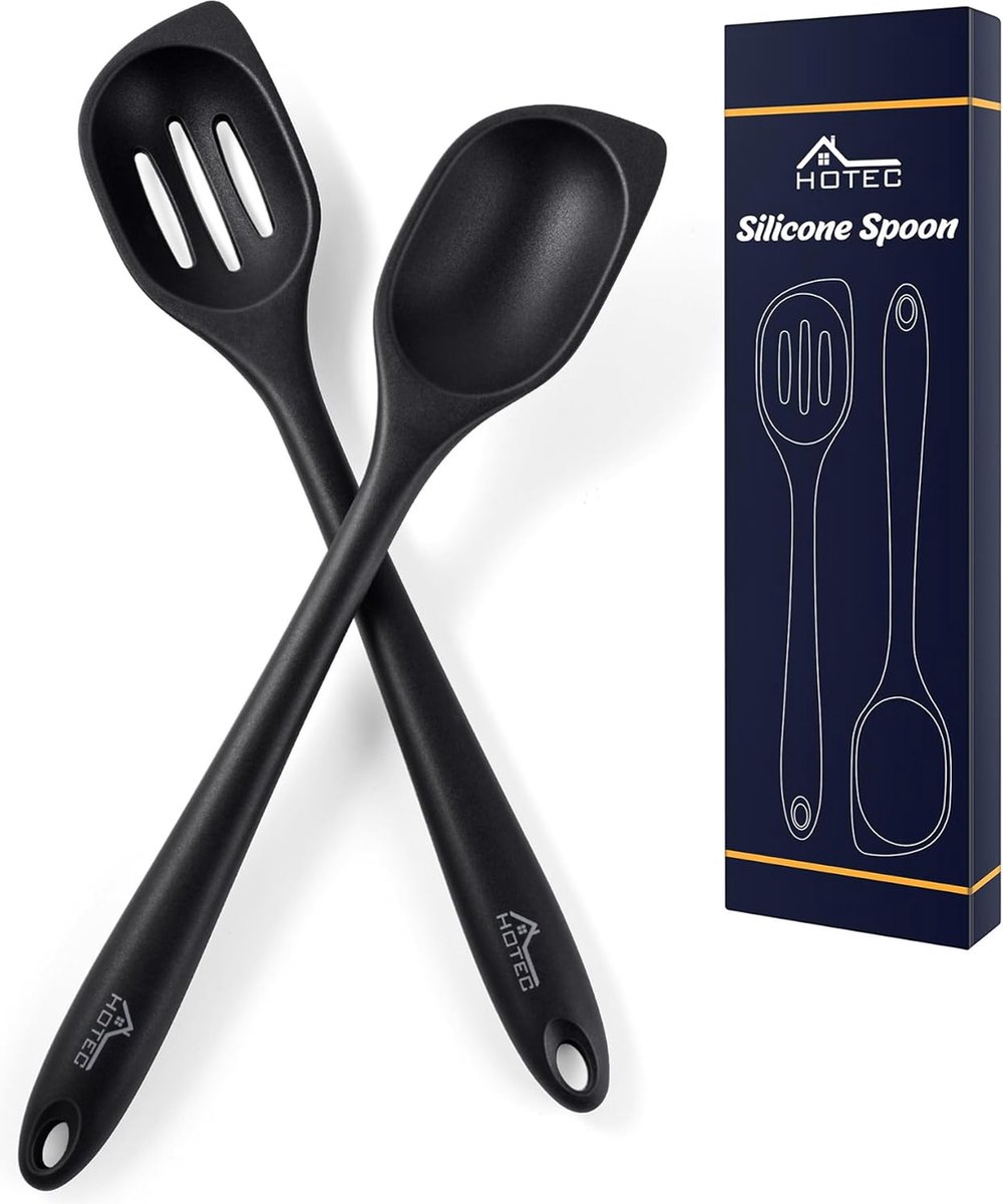 Hittebestendige siliconen kooklepel, spatel, grote keuken massieve en gleuflepels voor mengen, serveren, schrapen, antiaanbaklaag, vaatwasmachinebestendig, zwart, 12,5 inch
