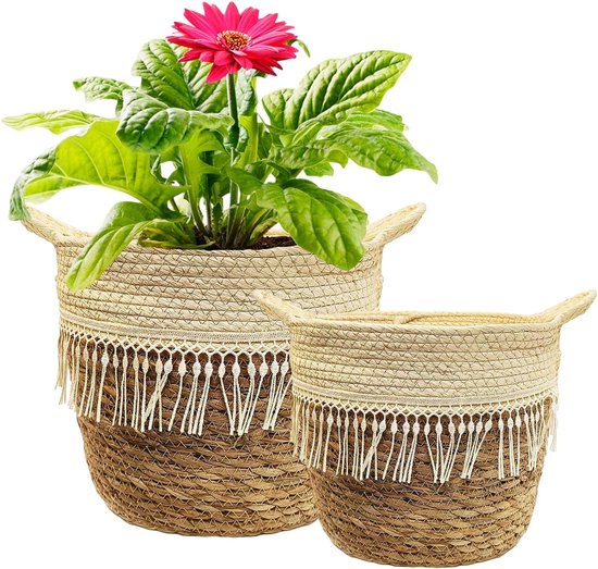 KMERCE Grote Rieten Indoor Plantenmand, Handgevlochten Natuurlijke Plant Pot Verberg, Woondecoratie, 25 cm