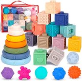24 stuks zachte babybouwstenen, babyblokken, stapelspel voor babyspeelgoed, Montessori sensorische speelgoedbijtring, zachte knijpbabyspeelgoedset met ballen, zachte stapelblokken voor baby's