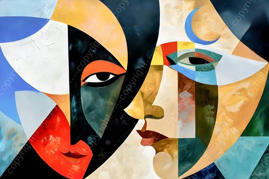 JJ-Art (Canvas) 150x100 | Man en vrouw, kubisme, abstract, kleurrijk, kunst | gezicht, mens, rood, bruin, blauw, geel, wit, modern | Foto-Schilderij canvas print (wanddecoratie)